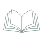 Otwarta księga z wyraźnie rozłożonymi stronami, sugerująca dostęp do wiedzy lub informacji, co może być użyteczne w kontekście biblioteki lub centrum edukacyjnego. Grafika jest minimalistyczna, co ułatwia rozpoznanie symbolu w identyfikacji wizualnej instytucji publicznej.